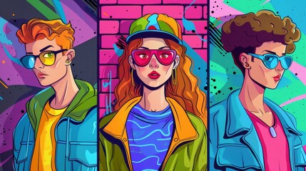 Aufkleber - Cartoon-style characters in a pop art inspired setting  AI generated illustration