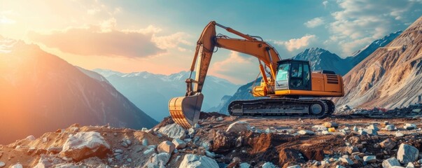 Wall Mural - Excavator loads heavy stone at rocks construction site. banner