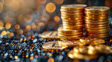 Multiple stacks of shiny gold coins on a surface with a warm background