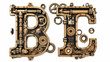 Steampunk font made of different technical pieces pip