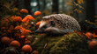 Hedgehog On Green Moss At The Forest With Autumn Orange Leaves And Mushrooms - Generative AI