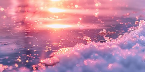 Poster - Light pink and gold  abstract range in a high-resolution, soft focus image, showcasing pastel colors resting on water under sunset light. 