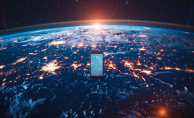 Wall Mural - Smartphone device in space with global network and bright city lights