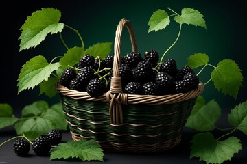 Wall Mural - fresh mulberry in basket isolated on green background