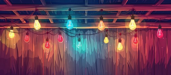 Poster - Vibrant purple, magenta, and electric blue lights dangle from the wooden wall, creating a fun visual effect at the entertainment event