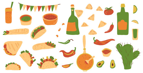 Mexican food set. Sauce salsa, guacamole. Burrito, taco, nacho. Traditional culture cuisine. Vector flat hand drawn illustration isolated.