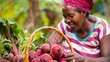 A wide shot of the woman placing the harvested beets in a basket. She is smiling and satisfied with her work.