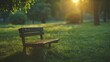 An empty wooden bench in a serene garden, the calm of dawn reflected in the soft sunrise light, with the background artfully blurred