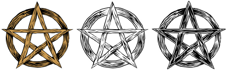 Set vector pentagram sign. magical golden wiccan symbols design illustration