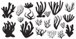 Coral reef black silhouette set isolated on white background. Sea underwater elements. Vector simple illustration