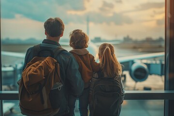 Back view of happy family standing near a large plane with two suitcases outdoor. Trip concept