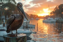 A Close Up Of A Pelican Perched On A Post With A Blurred Background