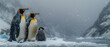A family of emperor penguins standing together on the snow-covered surface, with one baby chick in between them. 