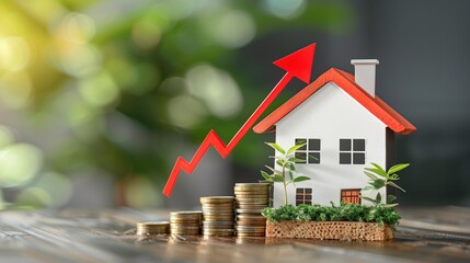 Booming real estate market, depicting an upward trend in property sales and rentals, with a symbolic house labeled for sale or rent to represent the surge in housing demand.