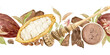Seamless border of cocoa beans and leaves drawn in watercolor. Isolated on a white background.