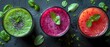 Promoting Detox and Healthy Eating with Overhead Shot of Green and Purple Juices. Concept Healthy Eating, Green Juices, Purple Juices, Overhead Shots, Detox Recipes