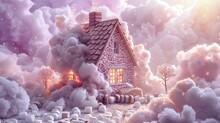 Whimsical Smore House, Complete With Marshmallow Fencing And Chocolate Tiles, Set On A Soft Lavender Mist Background, Dreamy Scene