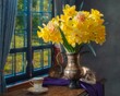 Still life with yellow daffodils and sleeping cat