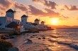 The iconic windmills of  Greece at sunset, AI generated