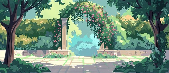 Poster - A serene painting capturing a park setting with lush trees, a stone archway, green grass, and a clear blue sky in the background