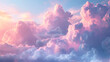 The sky is filled with fluffy pink clouds, creating a serene