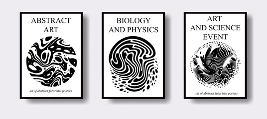 Poster - Set of poster templates for science event with futuristic surreal design, black and white liquid shapes and forms.