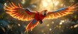 A red parrot with its beak open is soaring in the sky, showcasing its colorful feathers and impressive wingspan. The bird of prey is a magnificent sight