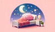 Illustration of a brain sleeping in bed under starry night sky with moon and stars on a pink background, concept for mental health care through the sleep and rest