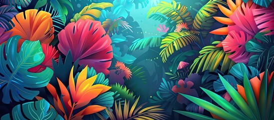Wall Mural - An art piece depicting a lush tropical forest with vibrant flowers and lush green leaves, showcasing the beauty of nature and its diverse array of terrestrial plant organisms
