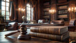A wooden desk with a gavel and two books on it