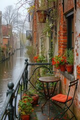 Poster - A balcony overlooking a canal with potted plants and furniture. Generative AI.