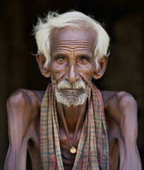 Wall Mural - An old man with white hair and beard sitting on a bench. Generative AI.