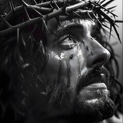 close-up portrait of jesus christ with a crown of thorns, evoking a sense of reverence and solemnity