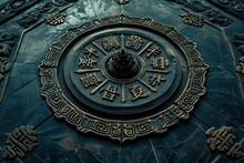 Carved Mandala With Chinese Characters On A Textured Surface. Generative Ai