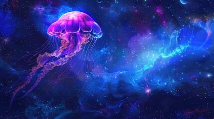 Glowing jellyfish swim deep in blue sea. Medusa neon jellyfish fantasy in space cosmos among stars Generative Ai