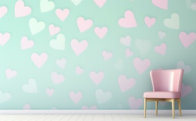 Canvas Print - A pink chair in front of a wall with hearts on it. Generative AI.