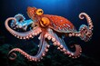 An octopus is swimming in the ocean with its tentacles out. Generative AI.