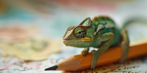 Poster - A small lizard sitting on top of a pencil. Generative AI.