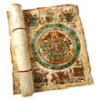 An Aztec codex laid flat, pictorial calendar and rituals depicted in bright, natural pigments, isolated on white isolated on white background