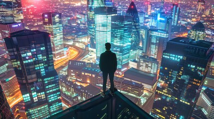 Wall Mural - Silhouette of a person overlooking a vibrant cityscape at night. City lights and skyscrapers. Urban exploration and adventure theme. Stunning aerial view. Modern lifestyle. AI
