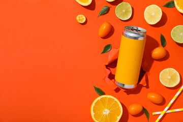 Sticker - Tin can, straw and citruses on orange background, space for text