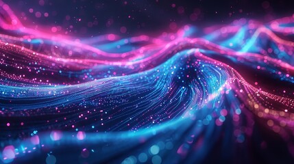 A 3D render of an abstract digital landscape, with neon blue and pink lines streaming across a dark, virtual space. Bokeh lights dot the background, simulating data packets moving at high speed.