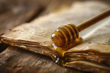 Wall Mural - A honey spoon resting on a vintage recipe book, a single drop of honey staining an aged page