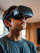 Future digital technology. A young teenage boy having fun play VR virtual reality goggle - interacting with virtual reality while entertaining at home.