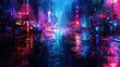 A vibrant artwork capturing a city's pulse with neon lights reflected on wet streets as a modern train passes by, perfect for dynamic urban themes.
