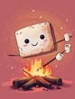 Cute smore cartoon, solid pink background, with marshmallow roasting over a campfire, starry camping night