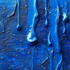 Wall Mural - A close-up of a vibrant blue acrylic paint drip on a highly textured paper background, capturing the glossy finish and the intricate paper fibers.