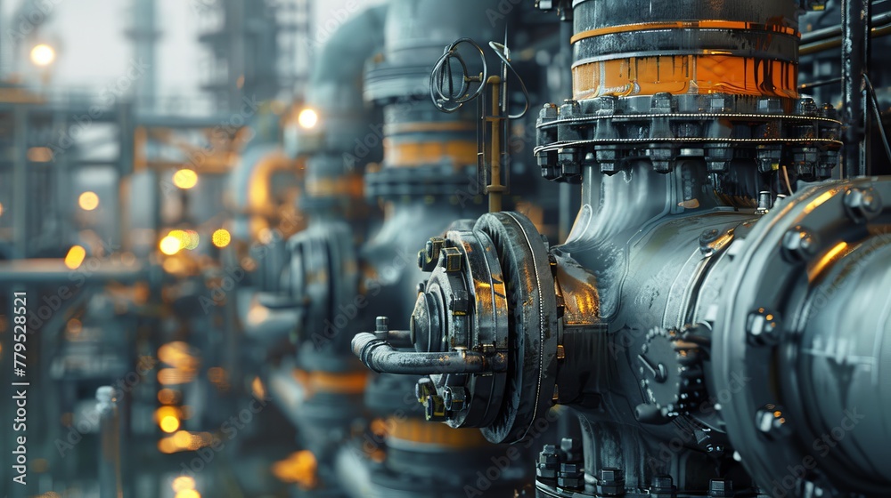 An intricate network of industrial pipes and valves captured during the ...
