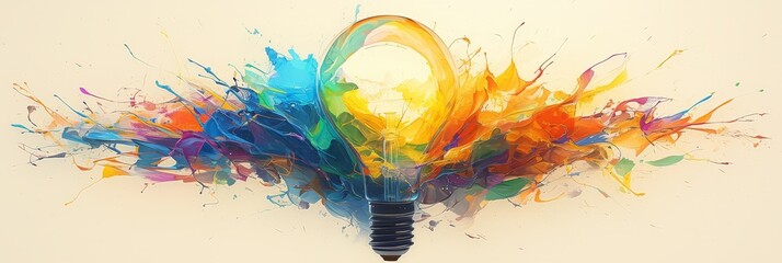 Wall Mural - Creative colorful light bulb with splash of paint isolated on gradient background, idea concept banner design. 