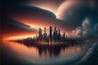 AI generated illustration of a futuristic city with skyscrapers reflected on the surface of a sea